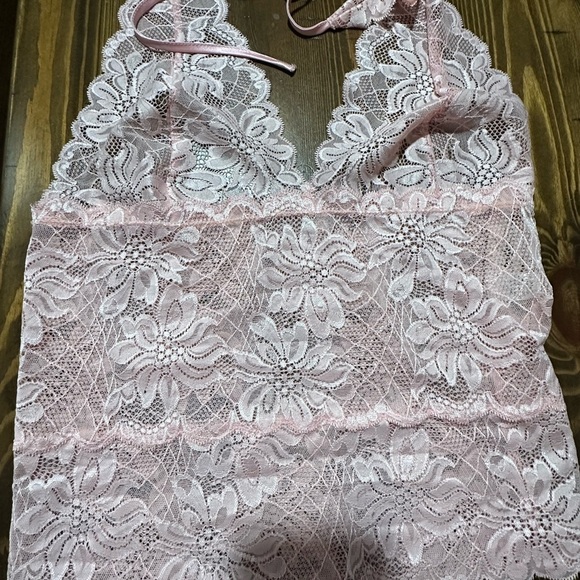 Vintage Pink Lace Fredericks of Hollywood Pink Lace Sheer Halter Top - Picture 2 of 4